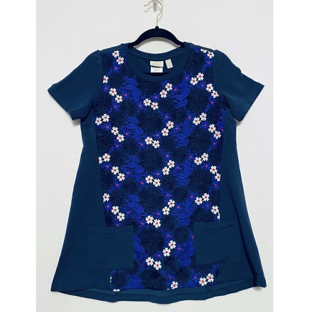 LOGO Lounge by Lori Goldstein Top Womens XS Blue Crochet Lace Cottagecore